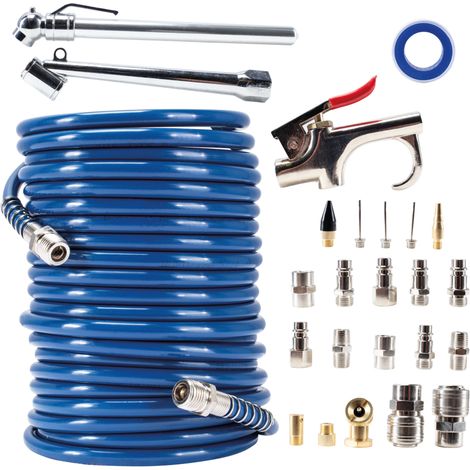 Scheppach – Kit d'accessoires pneumatiques 25 pièces – Tuyau spiralé PE 7,5 m – Gonfleur avec manomètre – Pistolet à soufflage – Raccords rapides R 1/4"