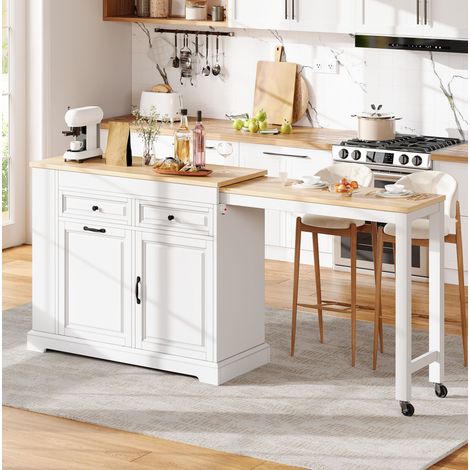 Isla de cocina con ruedas, encimera extensible de 112 a 180 cm, 2 cajones, armario y estantes laterales para especias, blanco y madera clara – CHICFURN (1/5)