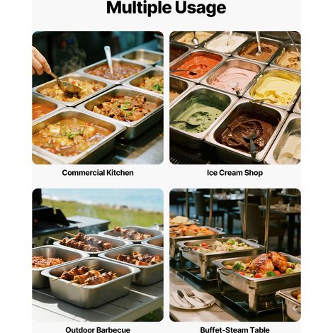 VEVOR 6 Pack Stainless Steam Hotel Pans, 1/2 Size Table Steam Pan, 4 Inch Deep Anti Jam Restaurant Supplies Reusable Rustproof Catering Storage for Home, Party, Restaurant, Hotel, Buffet (1/4)