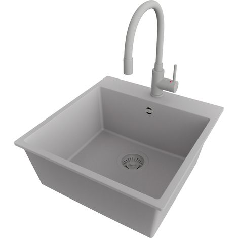 PRIMAGRAN Evier Cuisine en Granit 48x50cm,Lavabo 1 bac + Robinet 38x14cm + Kit de Vidage, Évier à Encastrer au meuble 50cm - Riga, Gris (1/5)
