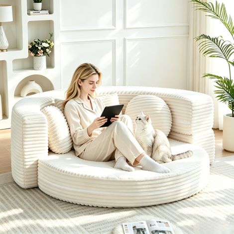 Canapé-lit 4 en 1 polyvalent – Convertible en sofa demi-lune ou lit rond – Tissu côtelé – 183x180 cm – Avec 3 coussins – Livré compressé – Idéal petits espaces – Beige (1/5)