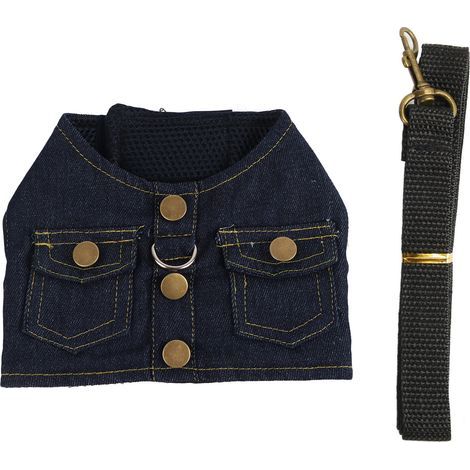 Soft Denim Dog Harness - Comfortable and Breathable Vest with Nylon Leash - Size L - Dark Blue (1/5)