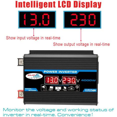 Convertisseur 12V 220V Pur Sinus 4000W Onduleur à Onde Sinusoïdale Pure Transformateur avec Télécommande & Double AC Prises de Courant pour RV Voiture de Camion Prises de Courant- Double AC Power Soc (1/4)