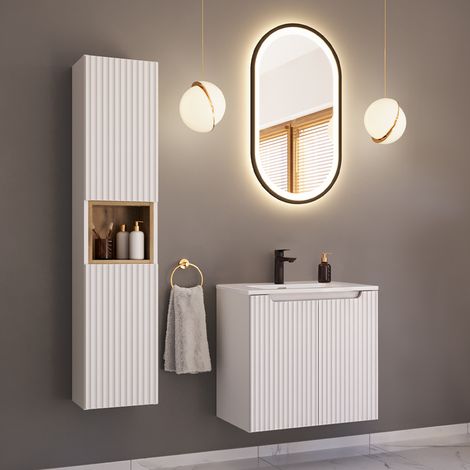 Conjunto de muebles con lavabo individual encastrado 60cm 2 puertas y columna Riva Blanco y Madera (1/4)