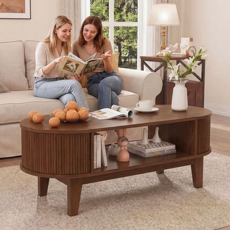 Mesa baja ovalada, Mesa baja moderna, Mesa baja de salón, 3 estantes, Paneles de partículas, Mueble de almacenamiento, Color nogal (1/5)