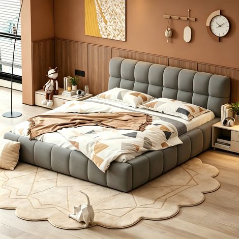 lit bubble 140x200, cadre de lit pour adulte, lit deux personnes, lit double, Lit rembourré 2 places en lin, Gris, sans matelas, MDF