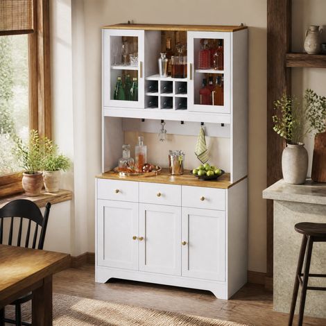 Vitrina aparador 94,5 x 30 x 175,5 cm, 5 puertas y 3 cajones, blanco efecto madera DESVIAE (1/5)