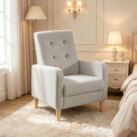 Fauteuil de chambre en lin gris clair avec accoudoirs, structure en bois, 51 x 48 x 90,5 cm (1/4)