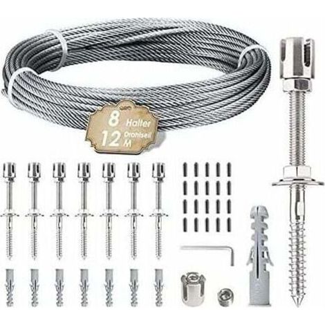 Support pour plantes grimpantes, kit de suspension de corde en acier inoxydable de 12 m avec câble en acier inoxydable de 3 mm et 8 tendeurs pour jardin/mur en béton/câble de clôture/bois massif ( (1/4)