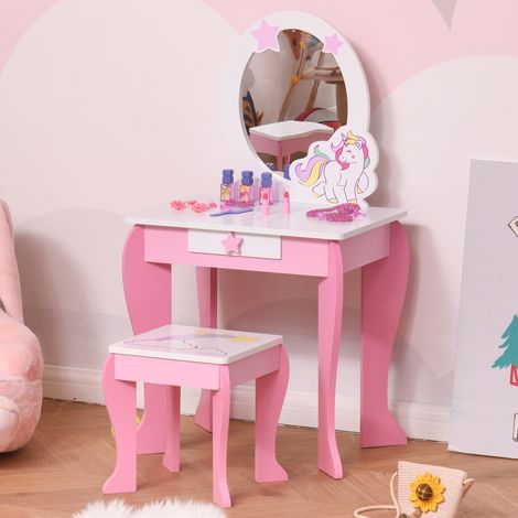 HOMCOM Coiffeuse Enfant Design Licorne - Tabouret Inclus - dim. 49L x 34l x 90H cm - tiroir. Miroir - MDF - Rose Blanc