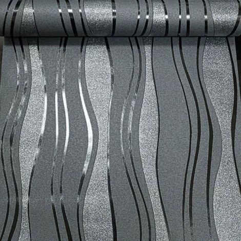Erismann Grey Black Charcoal Waves Wallpaper Glitter Shiny Modern Vertical (1/4)