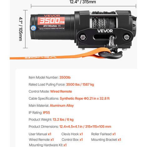 VEVOR 3500 lbs Electric Winch, 12V DC ATV/UTV Winch with Φ0.21 in x 32.8 ft Synthetic Rope & Wired Remote Control, IP55 Waterproof, Aluminum Housing Fairlead Mount Plate for Towing ATV, Black (1/4)