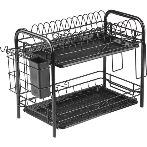 Escurridor de platos multifuncional de 2 niveles, fabricado en acero al carbono resistente a la corrosión, con ganchos y soporte para utensilios.