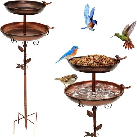 Bain d'oiseaux vintage en métal de 117 cm (46 pouces), mangeoire d'extérieur autoportante, support à deux niveaux pour jardin, pelouse et terrasse. (1/5)