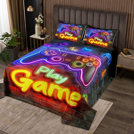 Jeu 260x240 Couvre-Lit pour Les Garçons Rétro Néon Jeu Dessus de Lit pour Les Filles Enfants Et Les Adolescents Jeux Vidéo Couverture de Lit Espace Jeu Handle Literie Salle de Jeux Décoration Literie  (1/5)