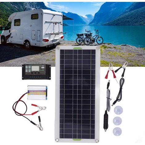 Accessoires pour camping-car : kit de panneau solaire polycristallin 12 V 30 W avec deux ports USB + onduleur 220 W avec contrôleur (10 A).