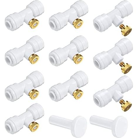 HUAZIZ 10 Stücke T-Stück Wasserrohr Verbinder mit Nebeldüse Bewässerungssystem Sprayer Sprinkler Sprühdüse Zerstäuberdüse T-Steckverbinder Kühlsystem Outdoor Misting System Zubehör