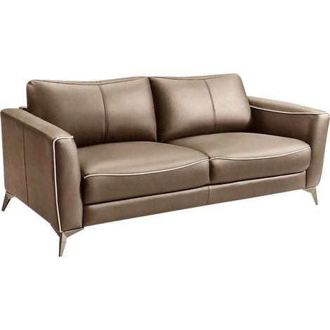 Canapé 3 places en cuir marron et passepoil beige BATUCO (1/5)