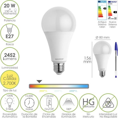 bombilla led estandar rosca e27. 20 watt. equivale a 150 watt. 2452 lumenes. luz calida (3000º k.)