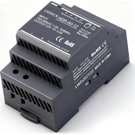 Alimentation Sur Rail DIN 12V DC 5A 60W Entrée 100-240V AC 50/60 Hz Transformateur Sur Rail DIN pour l'Automatisation Domestique ou Industrielle (1/5)