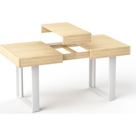 Table à manger extensible 120 à 160 cm en panneau de particules, style rétro, bois clair et blanc, jusqu’à 8 personnes, gain de place pour cuisine  - CHICFURN (1/5)
