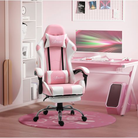 Chaise de bureau gaming 64x67x119-127 cm en similicuir rose, moderne pour bureau FloraGrace (1/5)