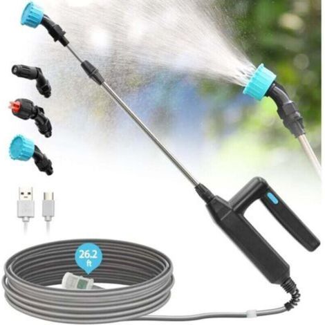 Pulverizador eléctrico para jardín, telescópico de 81 cm, mango de riego recargable de 7,4 V, 3 boquillas ajustables y filtro, con manguera de 8 m.