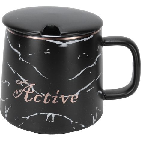 Mug en marbre, tasse à eau minimaliste pour couple au bureau, mug en céramique créatif et personnalisé pour le petit-déjeuner, noir avec couvercle et cuillère. (1/5)