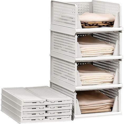 Paquete de 4 organizadores de armario apilables, organizador de armario plegable multifuncional, caja de almacenamiento para cajones de baño y dormitorio, color blanco. (1/5)