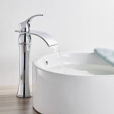 Unique Round Basin Faucet with High Spout Cascading Elongated Spout for Bathroom