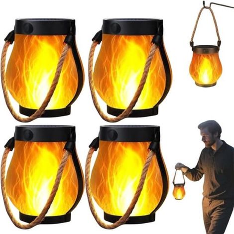 Confezione da 4 lanterne LED solari, impermeabili (IP44) con effetto fiamma tremolante, doppia alimentazione: solare e USB, accensione/spegnimento automatico, controllo dell'atmosfera. (1/5)