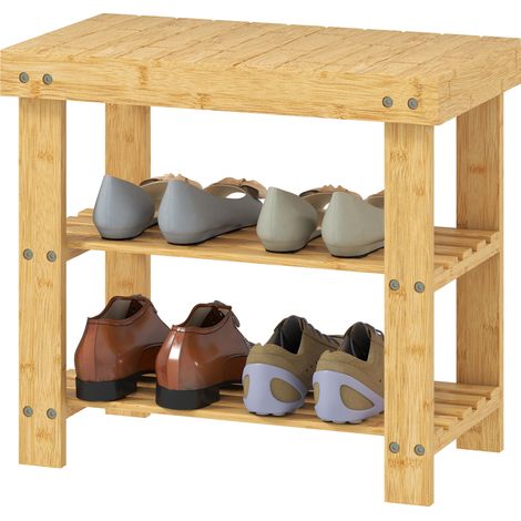 Banc chaussures bambou. Étagère 2 tablettes/siège. Entrée/couloir. 50x28x45 cm. Naturel. (1/5)