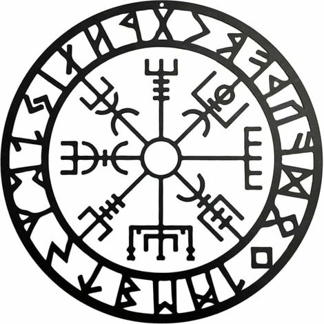 Art mural de boussole viking, sculptures boussole nordique noir creux en fer mural suspendu en métal pour chambre à coucher moderne décoration de paroi métallique de chambre à coucher (28 cm) (1/4)