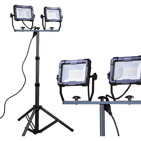 Tibelec – Projecteur LED de chantier sur pied télescopique 2x50W – 2x4600 lumens – IP65 – IK07 – 4000K – Pour chantiers humides