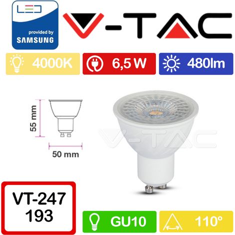 V-TAC PRO VT-247 Faretto LED GU10 con Chip Samsung 6,5W 110° Bianco naturale - 4000K