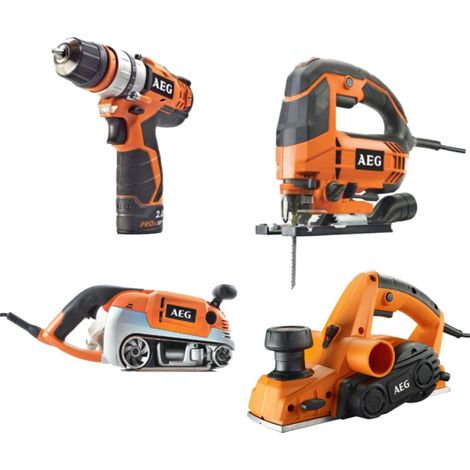 Pack AEG Pialla - 700W - Levigatrice elettrica a nastro - 1010W - Sega elettrica a pendolo - 700W - Trapano/avvitatore - (1/5)