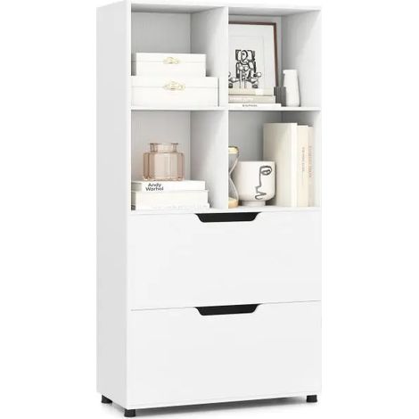 Bibliothèque blanche de 130 cm à 5 niveaux avec 4 compartiments et 2 tiroirs, kits anti-basculement pour salon, bureau et chambre (1/5)