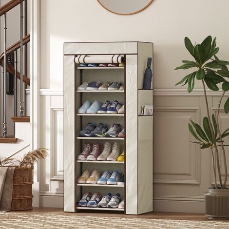 Étagère à chaussures à 7 niveaux, étroite, en acier avec revêtement en tissu non tissé, 2 compartiments pour 14 à 21 paires, beige (1/5)