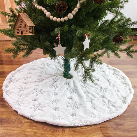 Nouveauté de Noël : Jupe de sapin blanche, 90 cm, décoration de sapin de Noël en peluche blanche brodée de sequins, flocons de neige brodés argentés, 90 cm.