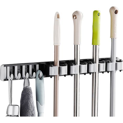 Soporte para escobas con ganchos, montaje en pared sin taladrar ni usar clavos, organizador de almacenamiento de aluminio para cocina, baño y jardín. (1/5)