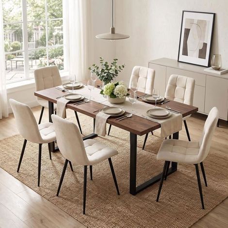 Lot de 6 chaises de salle à manger rembourrées – Dossier haut ergonomique – Revêtement en lin beige – Cadre métal robuste – 120 kg max (1/5)