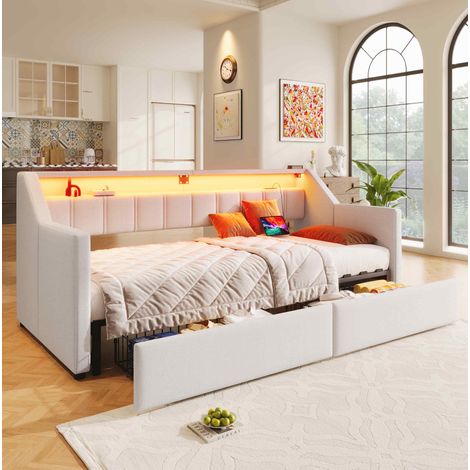 Lit banquette extensible 90x200 cm beige en lin avec LED, ports USB et 2 tiroirs (1/5)