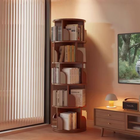 Bibliothèque pivotante à 5 niveaux, rotation à 360°, gain de place, tour de bibliothèque rotative idéale pour les petits espaces – Parfaite pour les chambres, les salons, la maison et le bureau, finit (1/4)