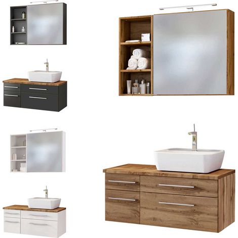 Badmöbel Set inkl. LED-Spiegelschrank 90 cm & Keramik Aufsatzwaschbecken Rechts TAREE-03 in matt grau (1/5)