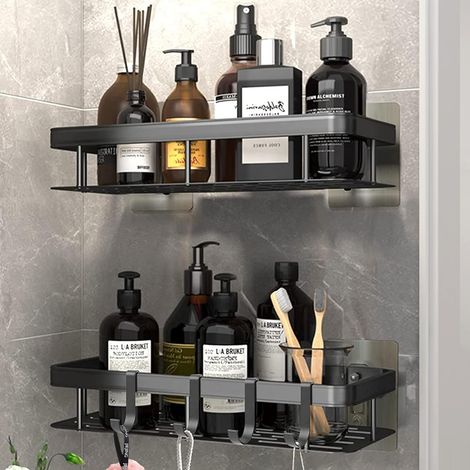 Set di 2 mensole da doccia senza foratura, mensola da parete in alluminio per bagno con 4 ganci, supporto autoadesivo per doccia, mensola per doccia per bagno/cucina/camera da letto