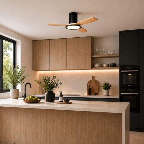 Ventilateur de plafond lumineux noir et bois clair RIGA II WOOD XS (1/3)