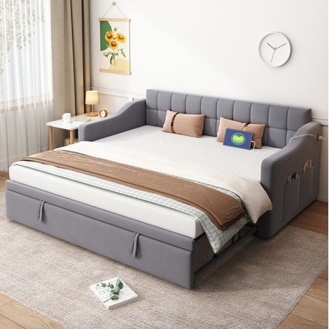 Bett Schlafsofa ausziehbar 90x190 Samt Grau OKMYHOME (1/5)