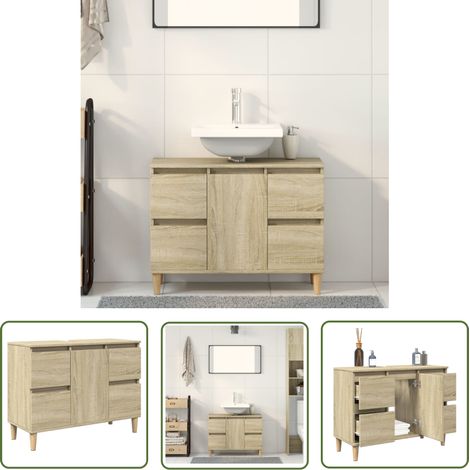 The Living Store Meuble d'évier chêne sonoma 80x33x60 cm bois d'ingénierie - Meubles De Salle De Bain - Armoire De Lavabo - Meuble Vasque - Rangement Salle De Bain - Commode Salle De Bain (1/5)