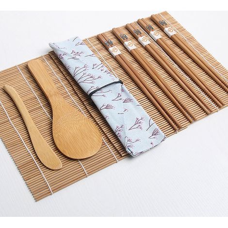 Kit Sushi - 2 Tapis En Bambou - 1 Pagaie À Riz - 1 Épandeur De Riz - 5 Paires De Baguettes - 1 Sac En Toile - 10 Pièces (1/5)