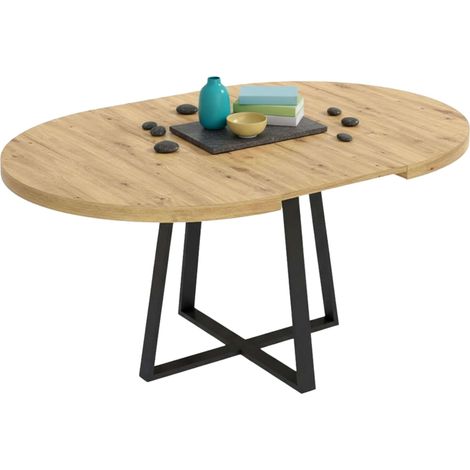 Mesa de Comedor Redonda Extensible, Mesa de Salón, Melamina Aduna, Roble y Negro 77x110-158 cm (1/5)
